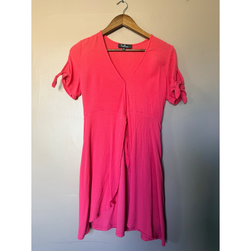 Lulus Small Pink Wrap Mini Dress Short Sleeve Tie Detail V Neck Rayon Summer